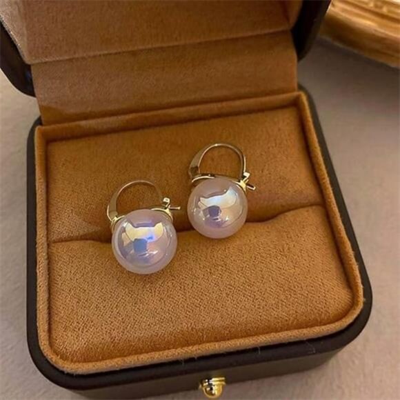 White Pearl Drop Earrings – 925 Sterling Silver & Gold Hoop Dangles - Picture 4 of 5